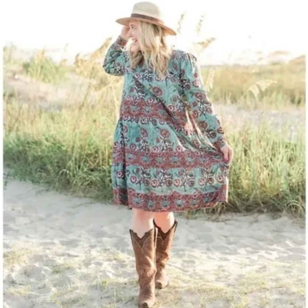 Victoria Dunn Peony Smocked Yoke Dress In Burnt Sienna Floral